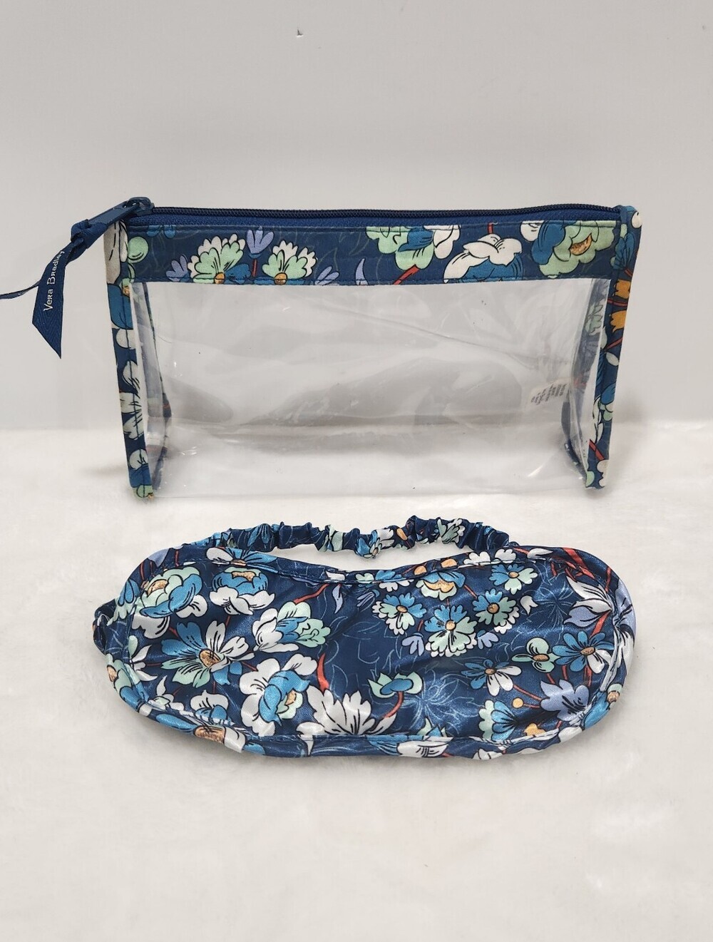 Vera Bradley Navy Blue Floral Burst Eye Mask Clear Cosmetic Bag Gift Set
